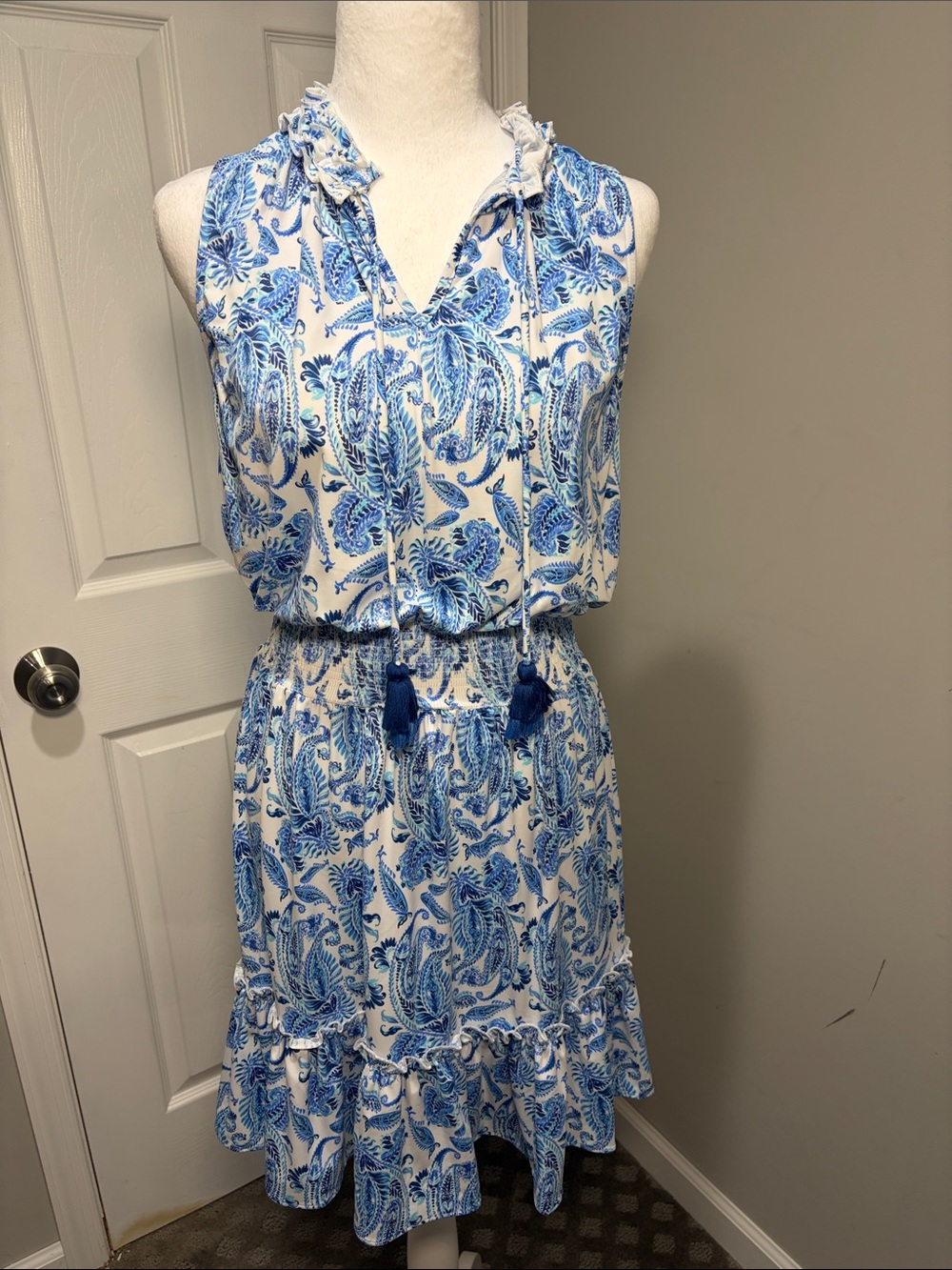 Cabana Life White and Blue Paisley Sleeveless Tassel Tie Dress